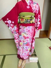 Red glitter kimono set for coming-of-age ceremony, used, size unspecified