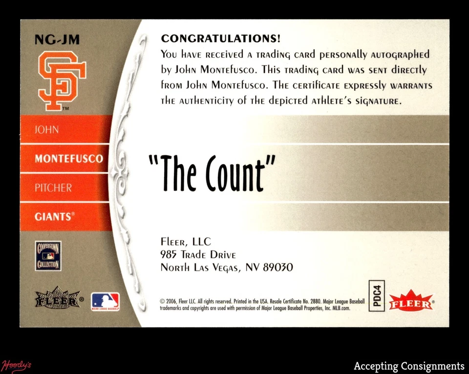 2006 Greats of the Game Nickname Inscription John Montefusco "The Count" AUTO - Image 2 of 2
