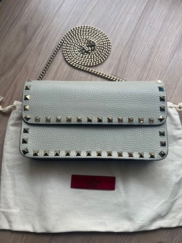 Valentino Leather Chain Wallet Shoulder Bag Blue Beige Gray Made in Italy