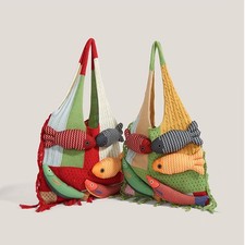 Knitted Yarn Woven Beach Shoulder Bag for Women 3D Fish Tote Versatile Purse Bag