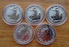 5 x 1oz silver coins - The Royal Mint .999 silver Britannia coins in capsules.