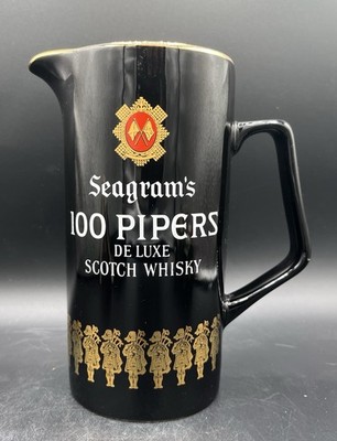 Vintage Seagrams 100 Pipers Scotch Whisky Black Ceramic Pitcher Regicor