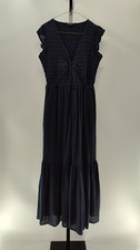 Quince Women Organic Textured Cotton Smocked V-Neck Midi Dress Navy XS