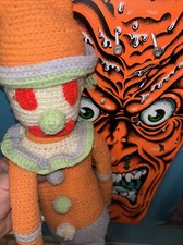 Vintage Creepy Crocheted Clown Stuffed Handmade Doll Multicolor Long Legged 38