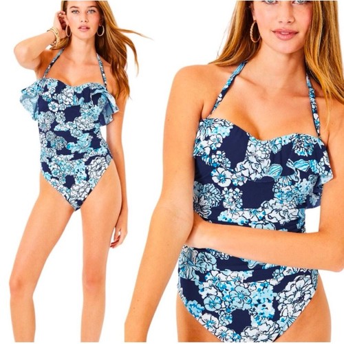 Lilly Pulitzer 012426 Rubyann einteiliger Badeanzug Low Tide marineblau Größe 12 neu mit Etikett