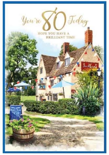 Age 80 Birthday Card - Pub Scene Men Male - 80th Size: 7.5"x5.25" - Picture 2 of 3