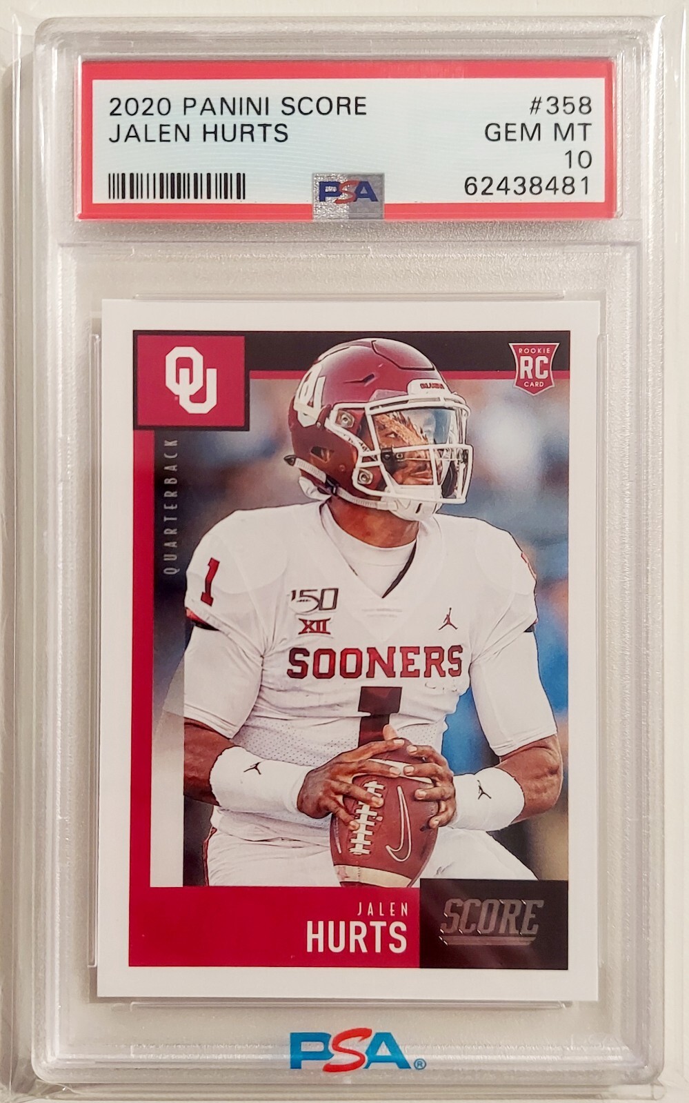 2020 PANINI SCORE #358 JALEN HURTS ROOKIE CARD PSA 10 GEM MINT OKLAHOMA