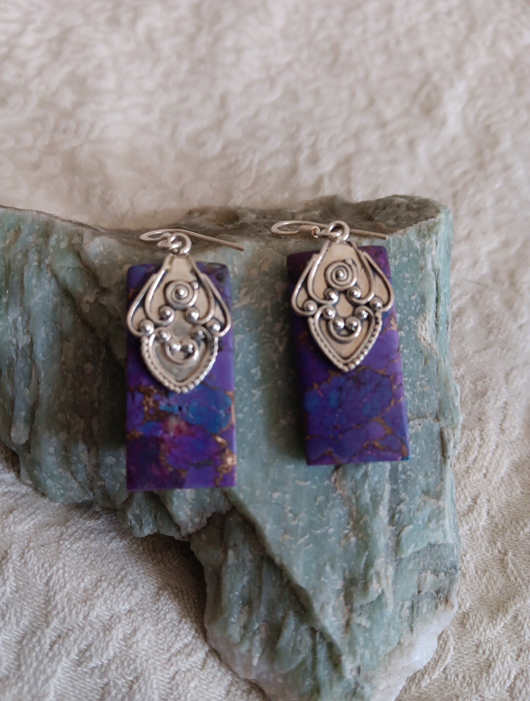 Purple Copper Turquoise Dangle Earrings Silver Ho… - image 4