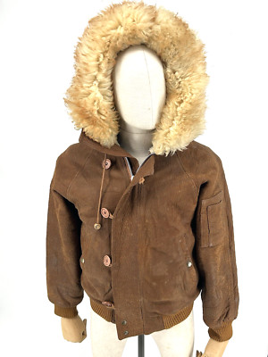 Vintage B3 Bomberjacke Wildleder Leder Lammfell Fell Kapuze Pilot 80er Herren Small