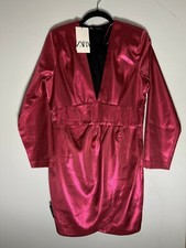 ZARA NEW WOMAN SATIN MINI DRESS FUCHSIA L long Sleeve 9665 757