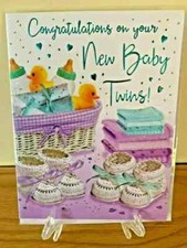 New Baby Twins Card - Foil Finish - Regal - 14cm x 18cm