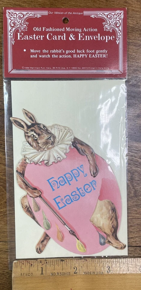 Tarjeta de acción estilo antiguo de Pascua 1984 con conejito victoriano, pincel/paleta Foto 3 de 4