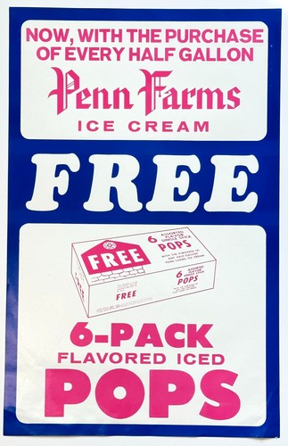 Vintage Penn Farms Ice Cream FREE Ice Pops With Purchase Grocery Store Sign