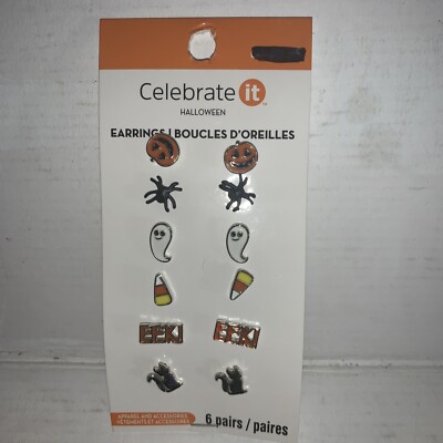 SET 6 HALLOWEEN POST EARRINGS Pumpkins, Spiders, Ghost, Candy Corn, EEK! & Cat