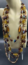 VINTAGE MID CENTURY ART GLASS PEACOCK BLUE AMBER FREE FORM NECKLACE MULTI STRAND