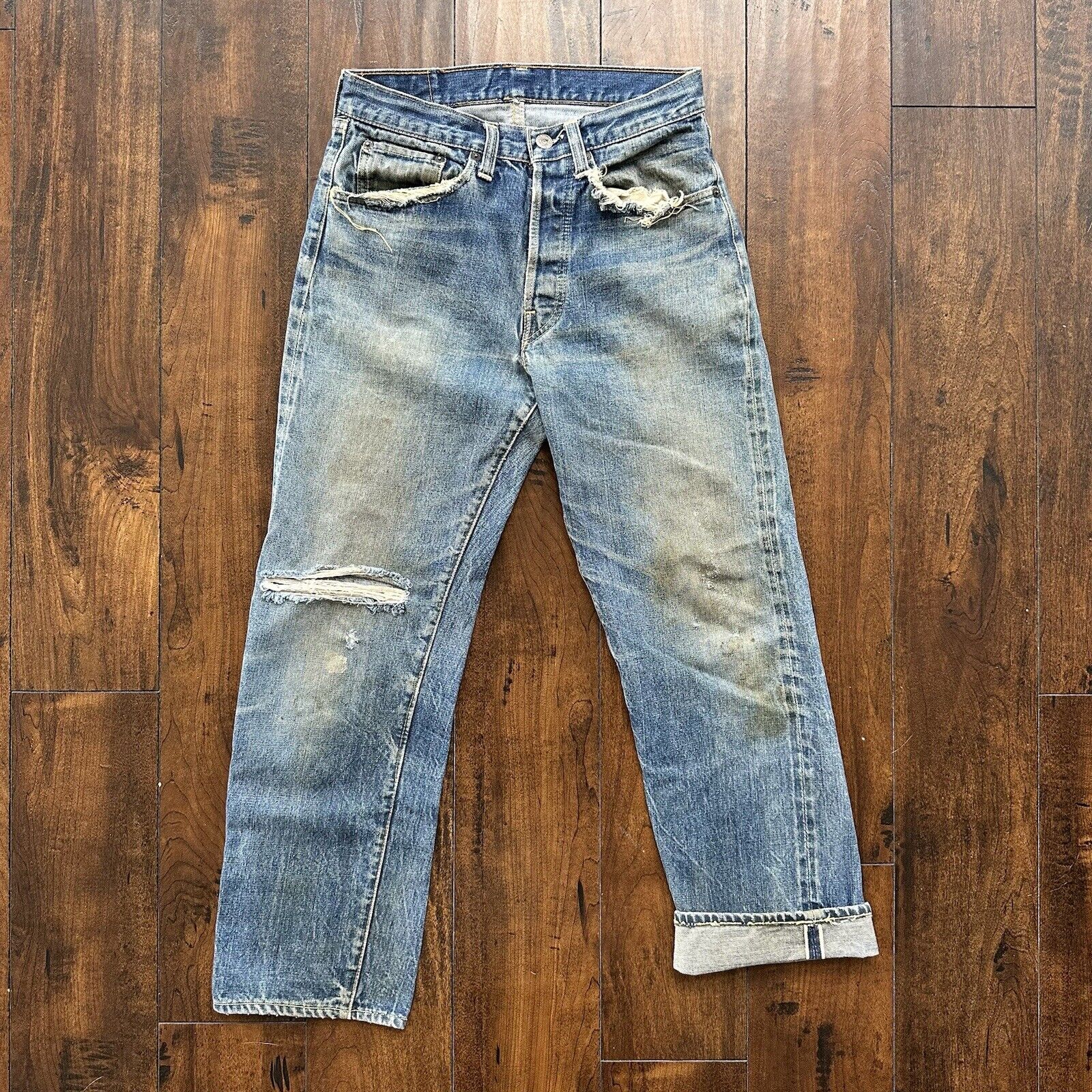 Levis 501 XX Big E True Vintage 60s Redline THRASHED Denim Jeans 1960s 27x26