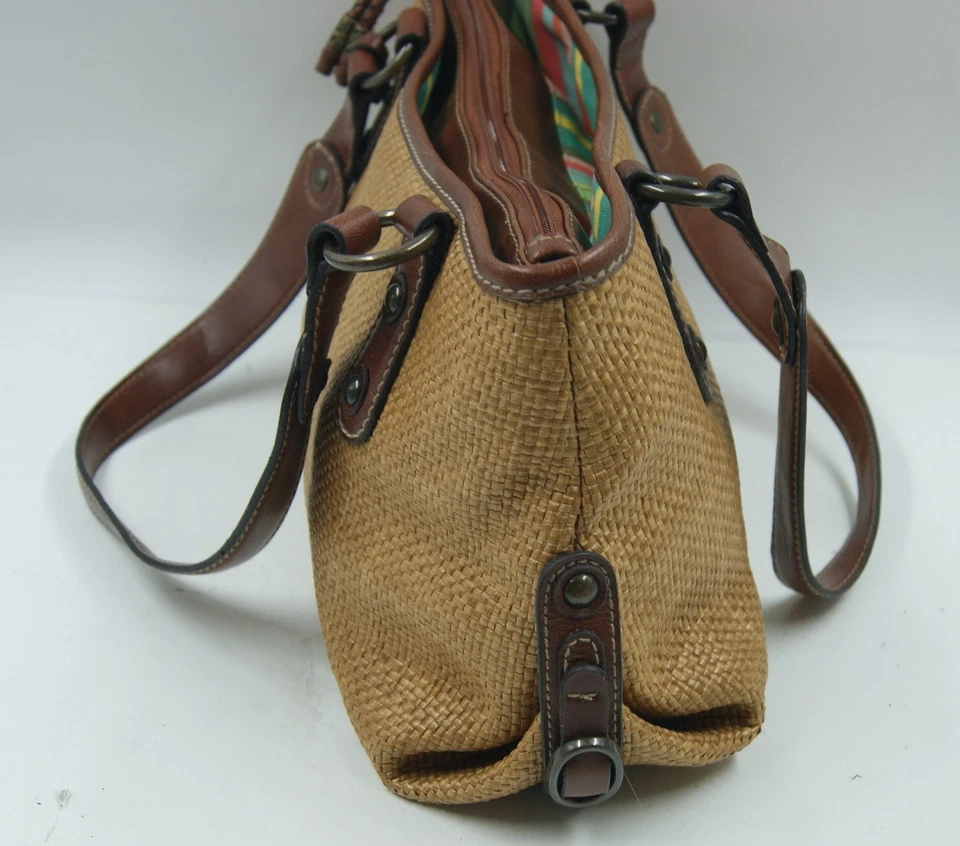 Vintage Fossil Key Per Handbag Women's Brown Straw Leather Shoulder Hobo Bag - Imagem 4 de 4