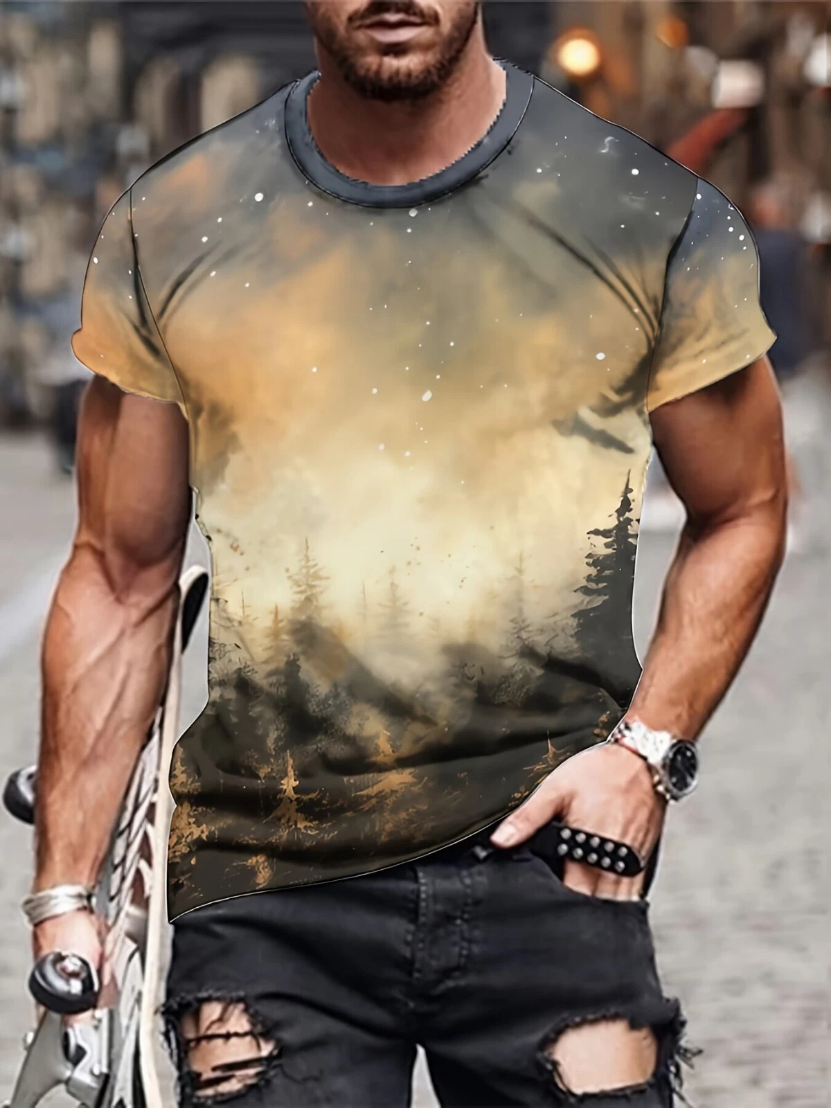 Men Forest In Dusk And Falling Snowflakes Print Short Sleeve Casual T-shirt