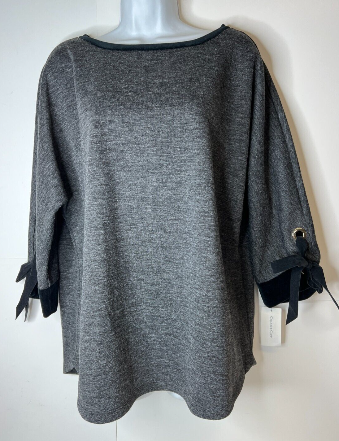 NWT Charter Club Women's XL Black Pullover Top 3/4 Tie Sleeve w/Metal Keyhole