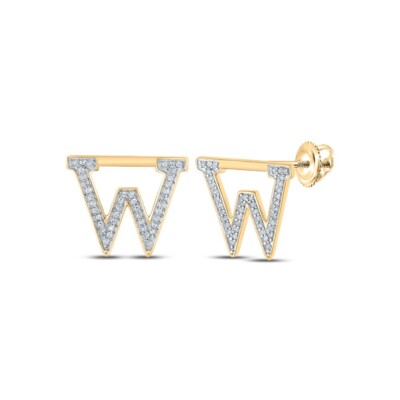 Diamond W Initial Letter Stud Earrings 10k Yellow Gold Screw Back