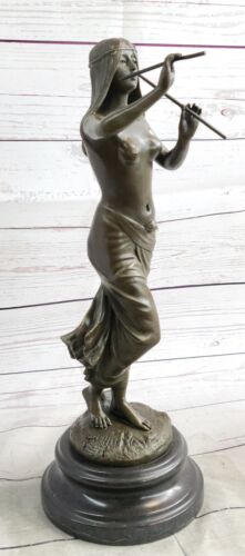 J.Angles'Masterpiece : Art Déco Indien Fille Avec Flûte Bronze Sculpture Figure - Bild 1 von 10