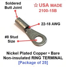 Ring Terminal Connector Non-Insulated Bare 22-18 AWG 8 Stud - 25 PCS USA Made