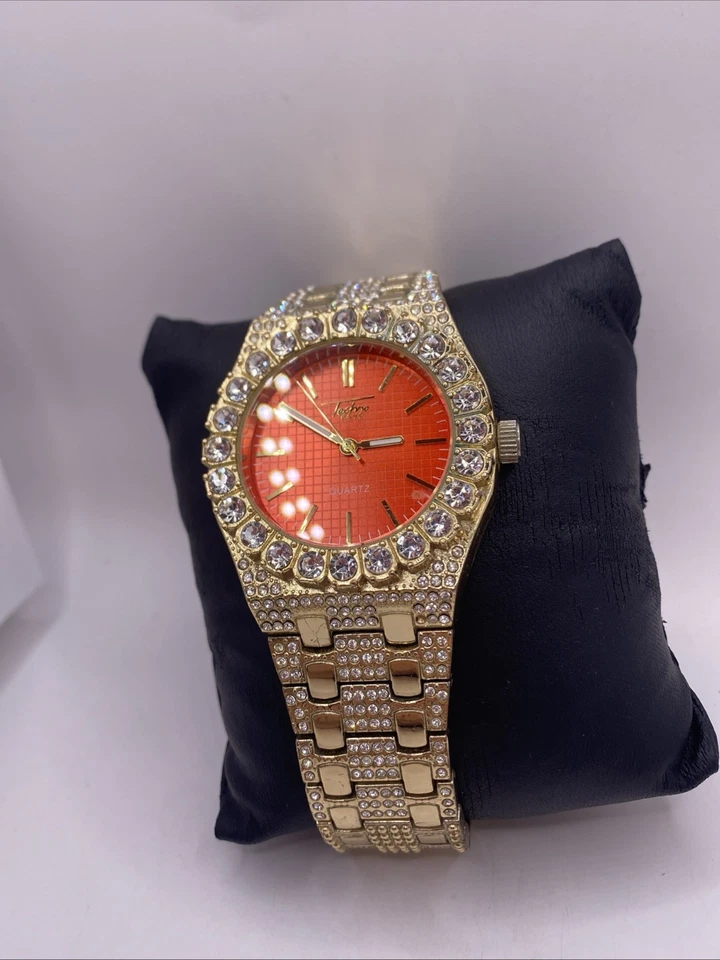 TechnoPave Men's Bling Gold Iced Nugget Fashion Metal Band Watch New Battery - Image 2 of 4