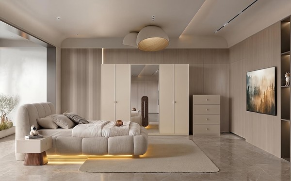 Schlafzimmer-Set Bett Schrank Kommode 2X Nachttische Modern Beige Edel-image