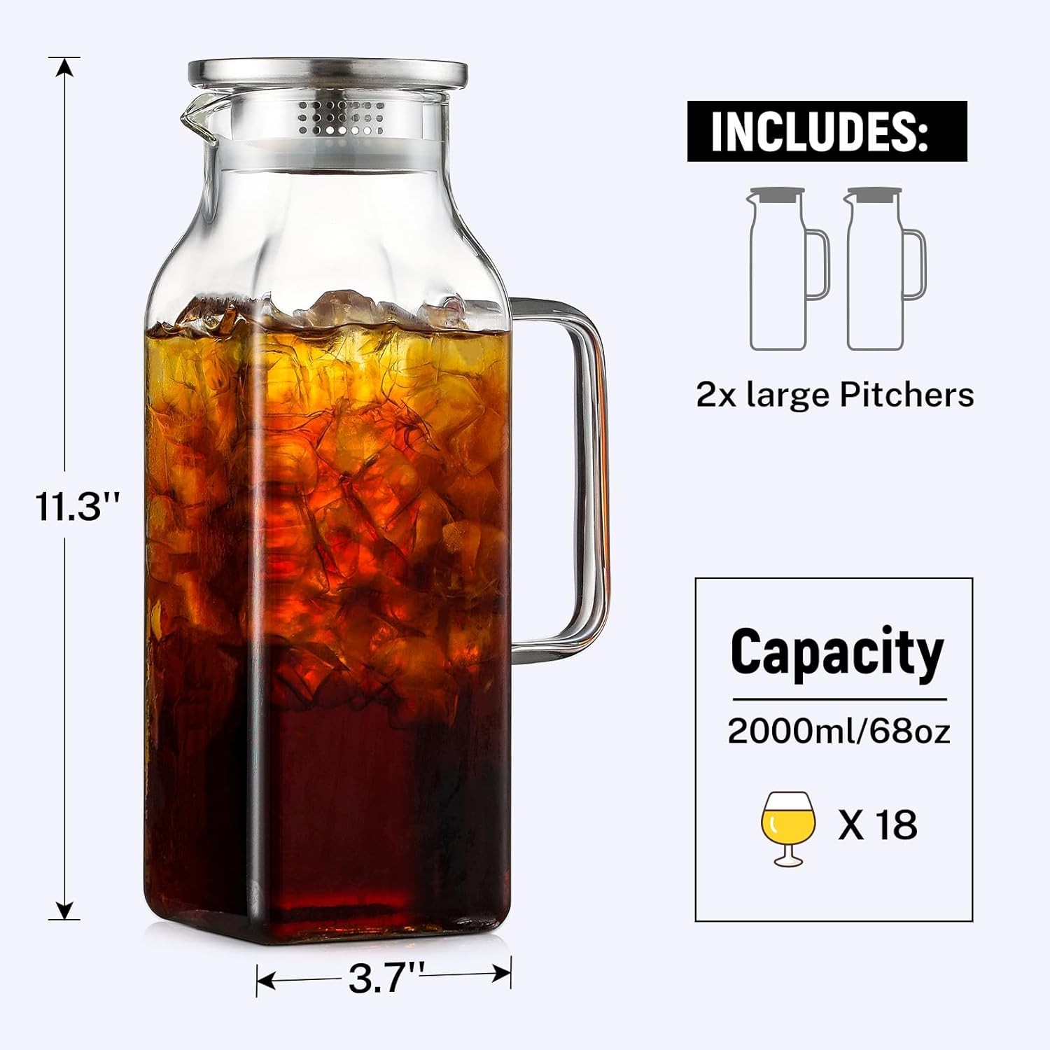Netany 2 Pack 2 Liters/68 oz Square Glass Pitcher with Lid 68oz/2000ml, Clear 