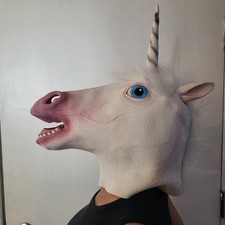 White Unicorn Mask Fur Full Face Horse Head Latex Rubber Animal Costume