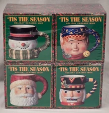 Rare Find Vintage New 4pk. Tis The Season Susan Winget Holiday Ceramic Mugs