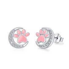 Dog Paw Print Earrings Sterling Silver Pink Cat Stud