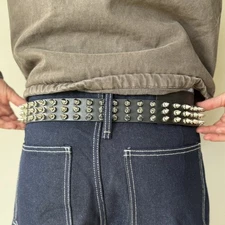 Y2K Black Leather Punk Belt Silver Studs Adjustable Fits 26-36 Unisex Style