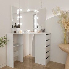 White Dressing Table Makeup Vanity Desk Set With LED Lighted Mirror 5 Drawers