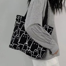 Cute Cat Canvas Tote Bag Japanese Cartoon Shoulder Shopper for Women