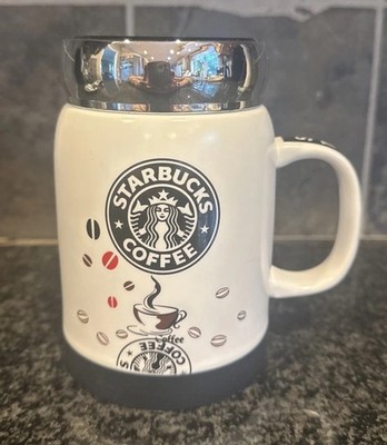 Starbucks Mirror Lid Ceramic Travel Mug 12oz  White & Black Coffee Mug Twist Top