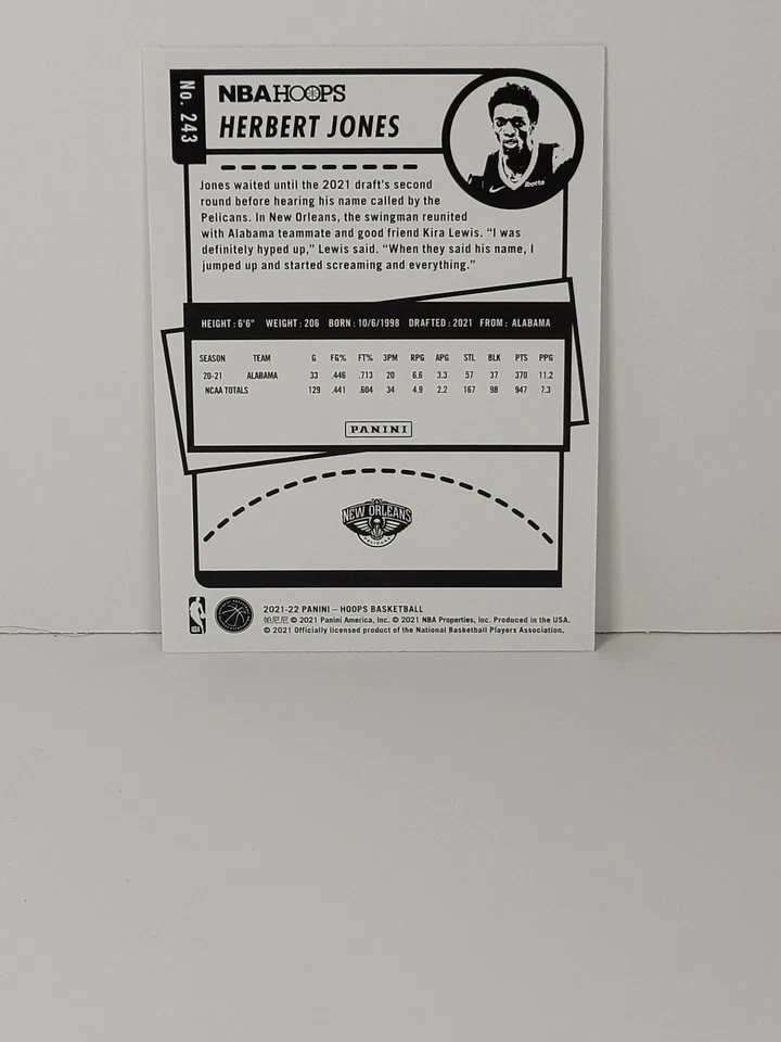 2021-22 NBA Hoops Herbert Herb Jones RC Rookie Card #243 - New Orleans Pelicans - Image 2 of 2