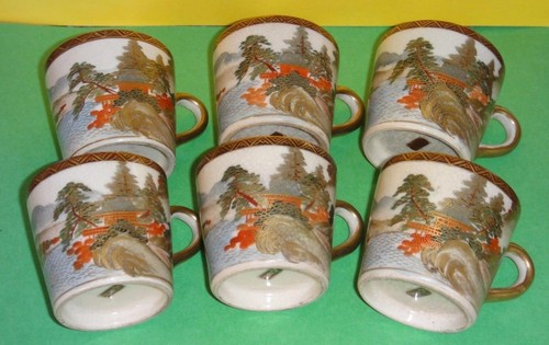 SIX ANTIQUE JAPANESE MEIJI PERIOD SIGNED SATSUMA TEA CUPS SET PERFECT CONDITION - Picture 6 of 12