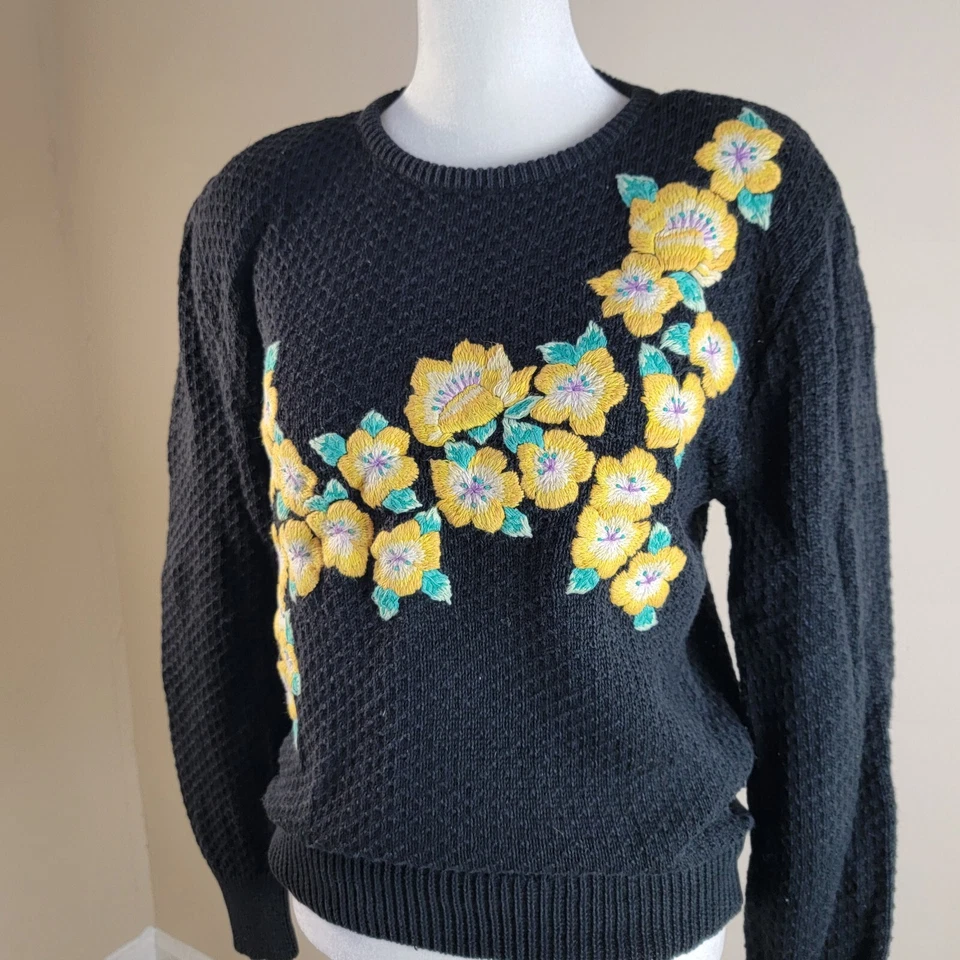 Suéter para mujer Evan Picone negro medio amarillo floral hombreras vintage Foto 4 de 4