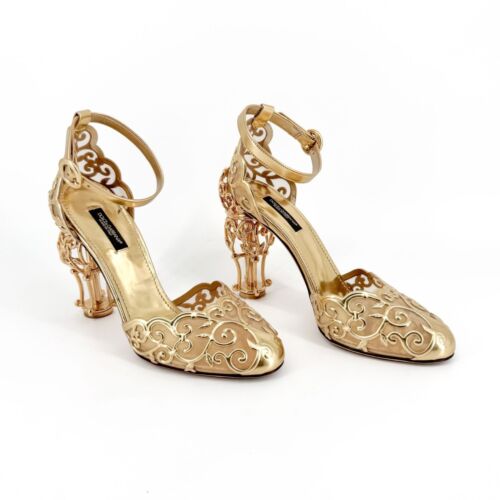 Dolce & Gabbana Fairytale Pump EU 38 US 8 Gold Sculpted Leaf Heel Wedding Bridal