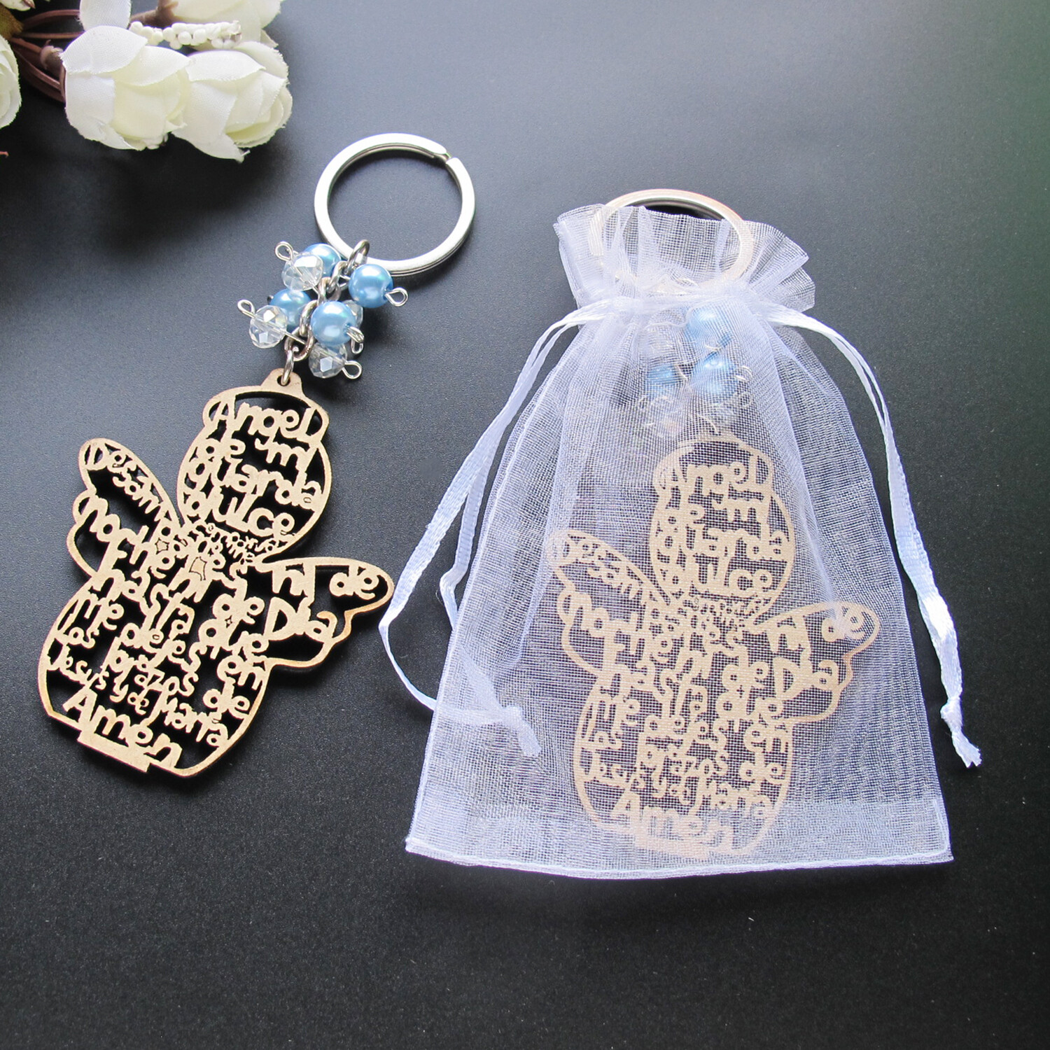 12Pcs Baptism Favor Boy Christening Thin Wood Angel Design Keychain Mi