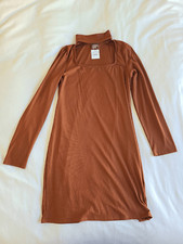 Dual Nature Mini Bodycon Dress Womens XL Brown Long Sleeve Ribbed Stylish Wear
