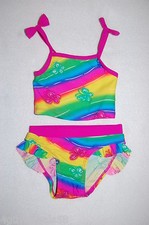 Toddler Girls 2 PC TANKINI Swimsuit NEON RAINBOW Butterfly RUFFLES Size 2T