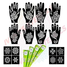 20 Pieces Mehandi Tattoo Stencil Set with 4 Cones for Women Girls & Kids