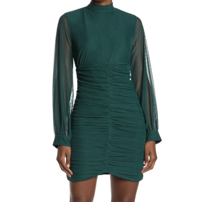 LOVE BY DESIGN Ruched Balloon Sleeve High Neck Dress In Botanical Garden XS