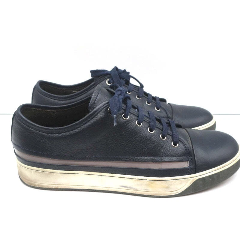 Lanvin Reflective Stripe Low Top Sneakers Navy Leather Size 9 - Image 2 of 4