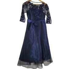 NEW! Size 8 Floral Embroidery Illusion Tulle And Dupioni Dress deep Navy blue