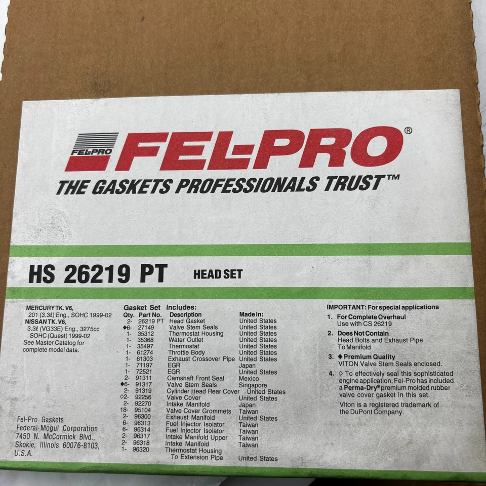 JUEGO DE JUNTAS DE CULATA DE MOTOR FEL-PRO HS 26219 PT HS26219PT CAMIÓN MERCURIO 🎯 Foto 2 de 4