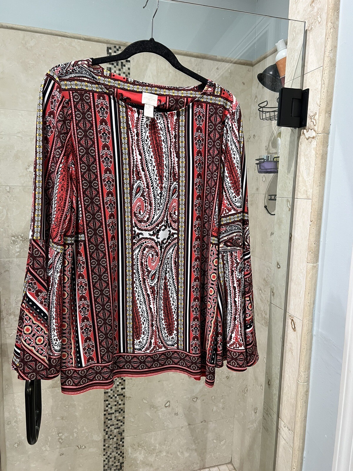 Chico’s Multicolored Stretch Flare Long Sleeve Bl… - image 1