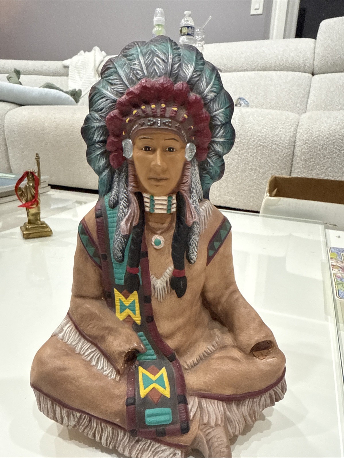 Vintage Native American Indian Chief Peace Pipe Statue 9” Poly resin